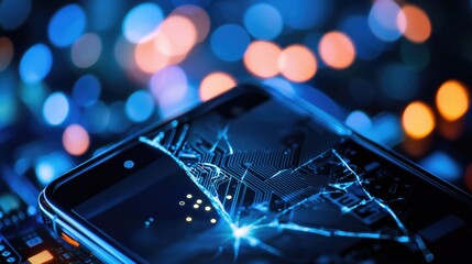 Poster - Cracked Smartphone Screen with Circuit Pattern and Colorful Bokeh