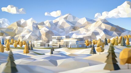 Poster - Modern geometric architecture in a scenic mountain landscape 3d visualization outdoors nature aerial view