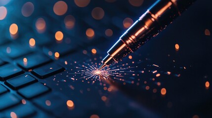 Poster - Sparkling Pen Creates Light Trails on Computer Keyboard at Night