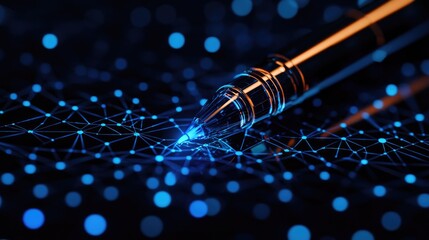 Poster - Glowing Pen on Technology Background with Blue Dots and Lines