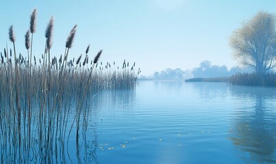 Serene autumn lake scene with reeds, misty background, ideal for nature themes.