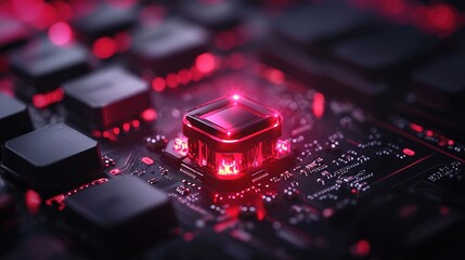 Poster - Red Neon Circuit Board Close-Up with Microchip and Transistors