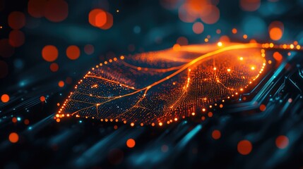 Poster - Glowing Leaf on a Dark Background with Digital Elements and Bokeh