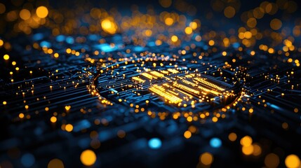 Fototapete - Abstract Digital Technology Circuit with Glowing Orange Particles