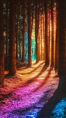 Poster - Beneath a canopy of towering trees, a winding path unfurls, bathed in brilliant hues of orange, blue, and purple as the sun sets. Light dances through branches, casting mesmerizing shadows