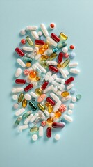 Poster - Arranging multicolored pills and capsules of various shapes and sizes on a light blue background creates a striking vertical composition related to healthcare and pharmaceuticals