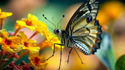 Aufkleber - Vibrant butterfly resting on colorful flowers in garden, showcasing intricate wings and delicate patterns, capturing beauty of nature and harmony of insects with vibrant flora.