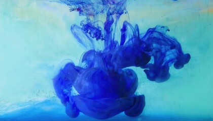 Poster - abstract blue ink swirl in water with delicate fluid shapes and gradient aqua background for creative design and artistic concepts

