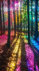 Poster - Sunlight streams through the trees, casting a kaleidoscope of colors across the forest floor. Autumn leaves create a vibrant carpet, accentuated by shimmering light