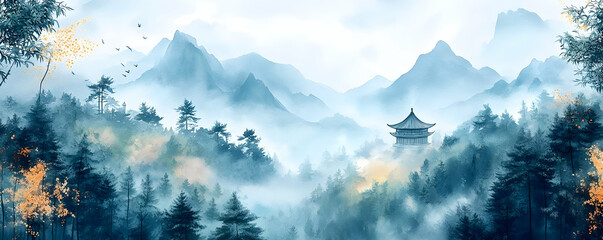 Sticker - Serene misty mountain landscape with a pagoda nestled amongst lush forests and blue peaks.