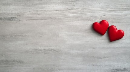 Poster - Two red hearts lying on a gray wooden table represent love and affection, perfect for valentine's day, woman's day, or any romantic occasion, offering ample copy space for personalized messages
