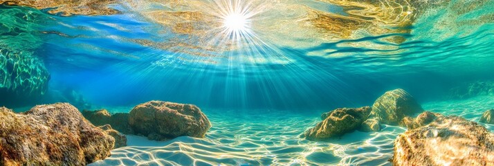 Poster - Sunbeams are shining through the crystal clear turquoise water of a tropical sea, illuminating the sandy seabed and rocks below, creating a beautiful underwater seascape perfect for summer holidays