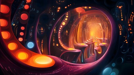 Poster - Mysterious cosmic journey through vibrant energy tunnels abstract digital art futuristic environment alien perspective