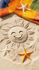Aufkleber - Brightly colored beach towel featuring a smiling sun drawing and cheerful starfishes creates a joyful summer holiday scene on the sandy shore, inviting relaxation and fun
