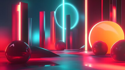 Poster - Dynamic neon abstract shapes and forms digital art environment vibrant colors futuristic concept
