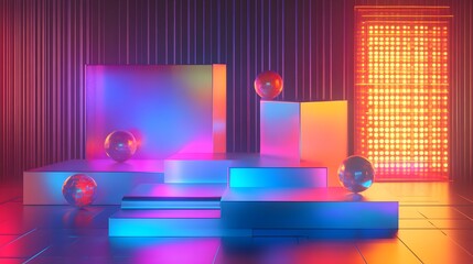 Poster - Dynamic abstract art display in modern studio colorful 3d shapes futuristic environment vibrant lighting