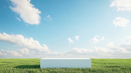 Poster - Clean white podium placed on a lush green grass field under a clear blue sky, creating a serene display scene.
