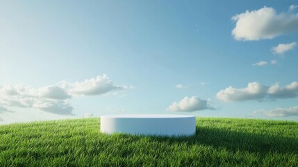 Poster - Clean white podium placed on a lush green grass field under a clear blue sky, creating a serene display scene.