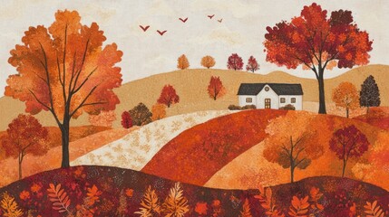 Wall Mural - Autumnal Cottage nestled in the heart of rolling hills, a serene autumn landscape with vibrant foliage and a charming house.