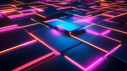 Leinwandbilder - Futuristic neon grid design digital space graphic art vibrant colors aerial perspective abstract concept for technology visuals