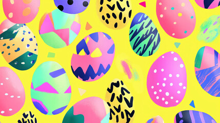 Wall Mural - Colorful, hand-painted Easter eggs with playful geometric and abstract patterns such as triangles, dots, and squiggly lines, set against a bright yellow background.  