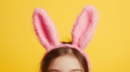 Wall Mural - fun, playful close-up of a young girl wearing a fluffy bunny headband with pink ears, set against a 