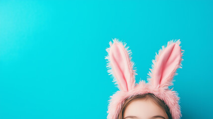 Wall Mural - fun, playful close-up of a young girl wearing a fluffy bunny headband with pink ears, set against a 