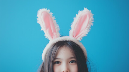 Wall Mural - fun, playful close-up of a young girl wearing a fluffy bunny headband with pink ears, set against a 