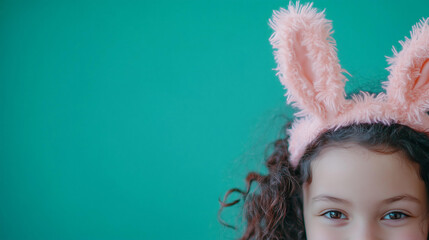 Wall Mural - fun, playful close-up of a young girl wearing a fluffy bunny headband with pink ears, set against a 