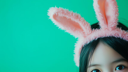 Wall Mural - fun, playful close-up of a young girl wearing a fluffy bunny headband with pink ears, set against a 