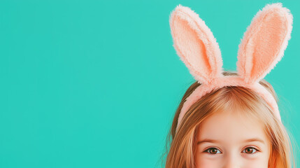Wall Mural - fun, playful close-up of a young girl wearing a fluffy bunny headband with pink ears, set against a 