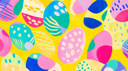 Wall Mural - Colorful, hand-painted Easter eggs with playful geometric and abstract patterns such as triangles, dots, and squiggly lines, set against a bright yellow background.  