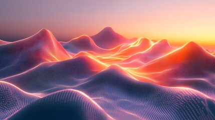 Poster - Illuminated waves of digital landscapes at sunset futuristic visualization creative art style