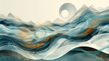 Poster - Abstract landscape featuring flowing waves and mountains under a soft sunlit sky