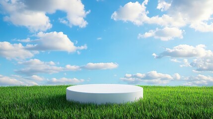 Poster - Minimalist white podium standing on vibrant grass with a picturesque sky background, ideal for natural product themes.