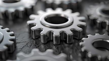 Poster - Close-up view of several metallic gears arranged on a dark textured surface in an industrial setting
