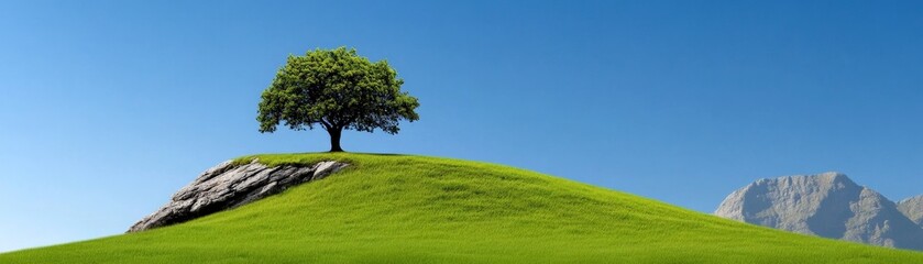 Solitary Tree on Hilltop:  A lone tree stands tall on a rolling green hilltop against a backdrop of a clear blue sky and distant mountains, a timeless symbol of resilience and hope. 