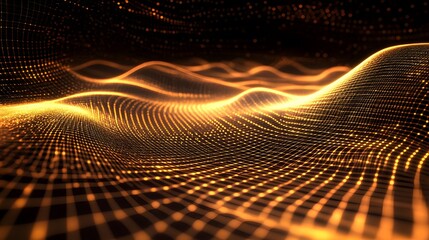 Poster - Dynamic golden waves flowing through digital space abstract landscape 3d visualization dark environment futuristic concept