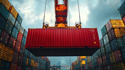 Large industrial crane lifting a bright red shipping container in a busy port, surrounded by stacked containers and metal structures, with a cloudy sky in the background.