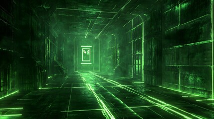 Poster - Futuristic action scene sci-fi environment digital hallway neon green lighting virtual reality perspective