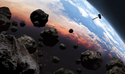 Wall Mural - asteroids in space and earth, satellite in background