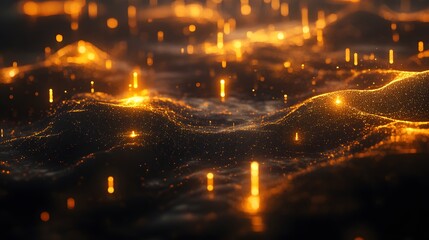 Poster - Illuminated particles dancing over glowing waves abstract visuals digital art dark environment close-up view creative concept