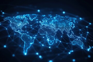 Poster - Global Network: An abstract world map is depicted as a complex network of interconnected nodes, symbolizing global interconnectedness and the power of digital communication.  