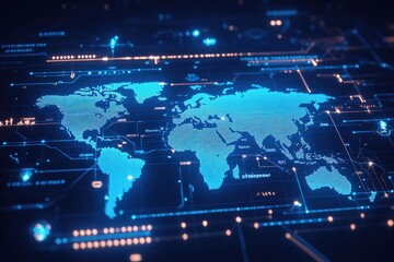 Aufkleber - A high-tech world map illuminated with blue dots and digital circuits, symbolizing global connectivity, data networks, and advanced technology in a futuristic design.  
