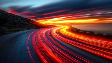 Poster - vibrant digital data streams flowing along a dramatic sunset highway landscape symbolizing the power