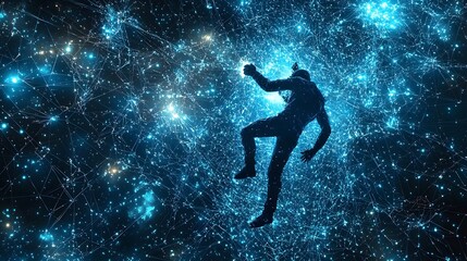 Poster - a dynamic figure silhouetted against a backdrop of swirling intertwined data streams and cosmic ener