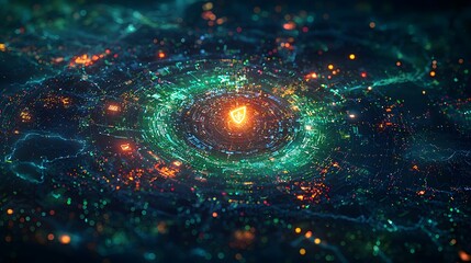 Poster - cybersecurity threats and big data analysis visualized in a dynamic geometric particle pattern futur