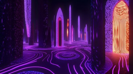 Leinwandbilder - Exploring vibrant light pathways futuristic digital realm 3d art neon environment wide-angle view surreal concept