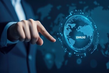 Poster - Global Download: A businessman's finger points to a digital globe with the word 