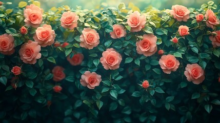 Wall Mural - Peach roses bloom in a lush green garden hedge